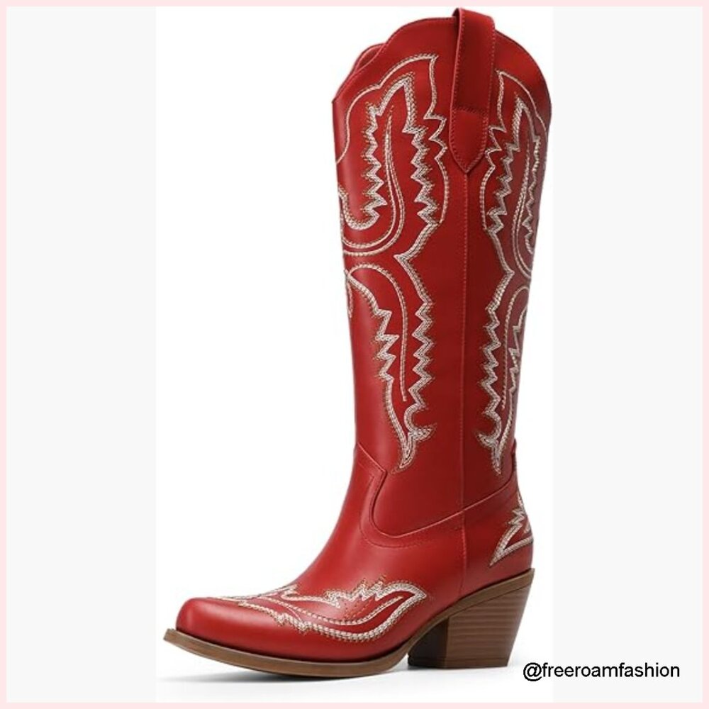 Women's Knee High Western Cowboy Boots Embroidered Square Toe Side Zipper
